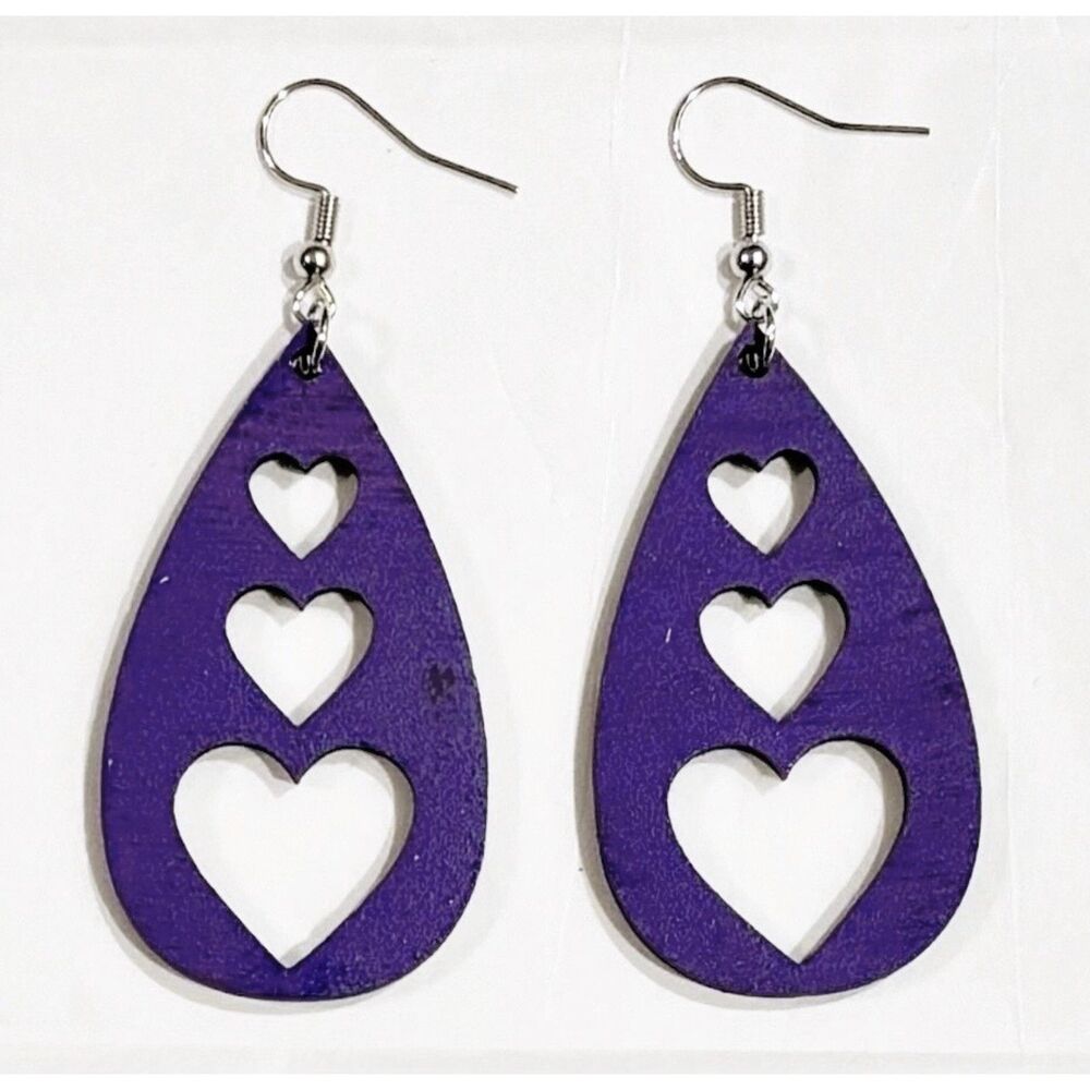 Wood Earrings - 2" x 1.14" Triple Heart Teardrop - Grape - E008-18